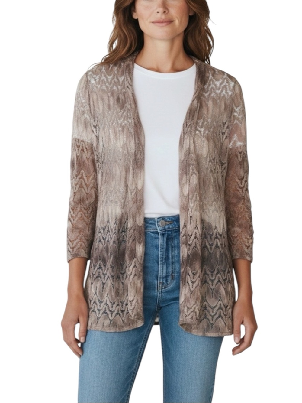 CHICO’s Travelers Taupe Patterned Open-Front Cardigan Sweater Size 1 (6-8) - Picture 9 of 9